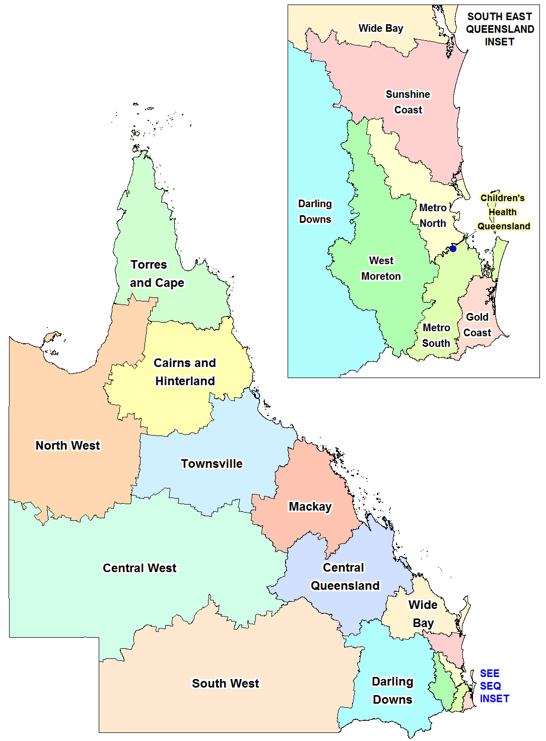 Map of 16 Queensland Hospital and Health Services listed on the page as headings