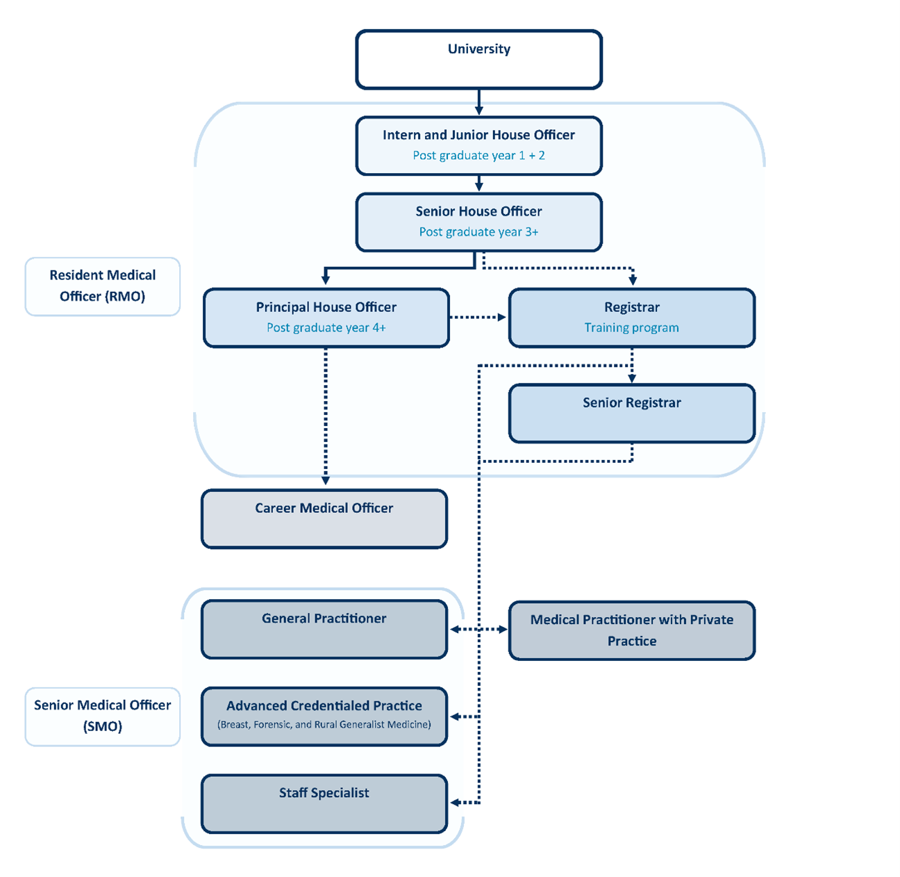Medical career structure Flow chart of Queensland Health medical practitioner career pathways from university through resident medical officer and senior medical officer roles. Resident medical officer roles progress from intern, through junior, senior and principal house officer hospital roles. Practitioners can become career medical officers or progress through registrar and senior registrar training, leading to senior medical officer roles as a GP, staff specialist or in advanced credentialed practice, such as breast, forensic and rural generalist medicine. GPs can also work as medical practitioners in private practice.